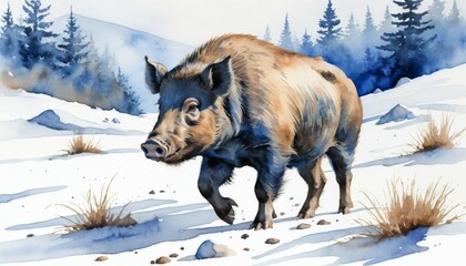 Naklejka premium Wild boar traverses a snowy landscape surrounded by evergreen trees under a clear winter sky