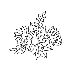 Sunflower rustic bouquet for wedding. Floral hand drawn doodle illustration