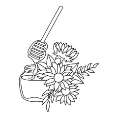 Glass jar and dipper with liquid dripping honey. Sunflowers arrangements. Floral rustic hand drawn doodle illustration