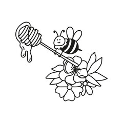 Hand drawn funny bee character with wood honey dipper over flowers doodle