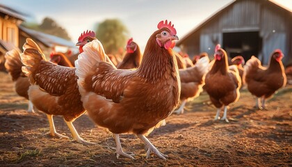 Fototapeta premium A group of chickens roaming in a farmyard, emphasizing the natural reservoir of Campylobacter