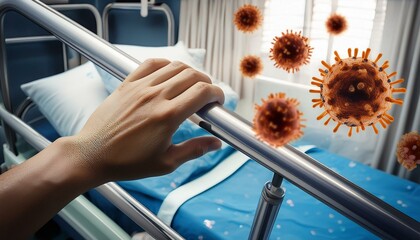 A hand touching a hospital bed rail with visible bacteria digitally added to represent contamination