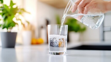 A hand pours clear water from a jug into a glass, capturing the refreshing action against a backdrop of a sunny kitchen filled with lush greenery.