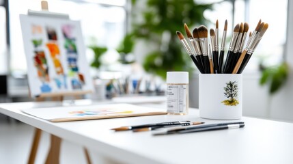 A close-up view of various paintbrushes, jar with artistic design, and colorful splotches on a clean, white tabletop in a bright studio environment.
