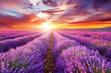 Obraz premium Breathtaking lavender field at sunset, vibrant purple hues under a colorful sky.