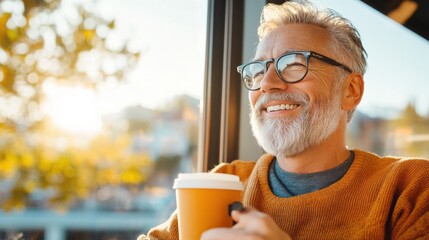 A happy man with glasses smiles while holding a coffee cup and looking out a window, enjoying the serene morning sunlight streaming in.