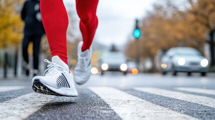 A determined runner in red, capturing the spirit of perseverance, runs across a city crosswalk amidst cool city weather, with cars passing in soft focus.