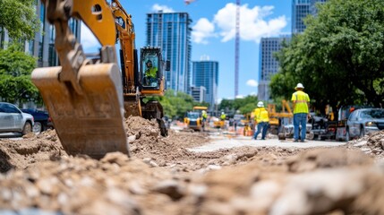 Fototapeta premium An excavator maneuvers through dirt on a city construction site, workers in reflective vests amass under the gleaming skyscrapers of an urban waterfront setting.
