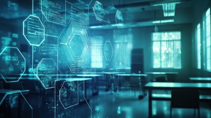Futuristic Classroom: Digital Data Overlay on Empty Classroom