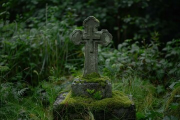 Ancient stone cross covered with moss sits in a peaceful, overgrown forest, creating a serene and melancholic atmosphere