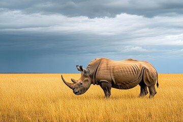 Fototapeta premium A white rhinoceros stands in a grassy field, with a dramatic cloudy sky in the background.