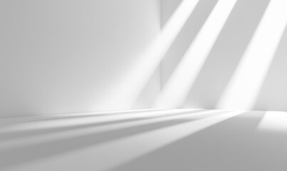 白い背景に差し込む光の束と影のコントラストが美しい空間