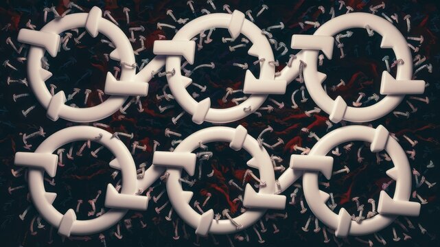 Circular Arrows Pattern: Abstract 3D Render of Interlocking Circular Arrows on a Dark Background