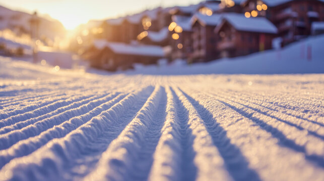 Corduroy patterns on a ski slope illuminated by morning light at a ski resort