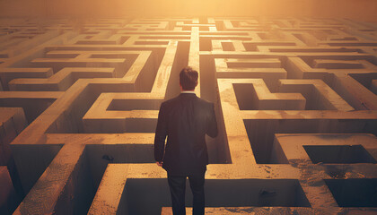 Businessman prepares to enter 3D flat maze