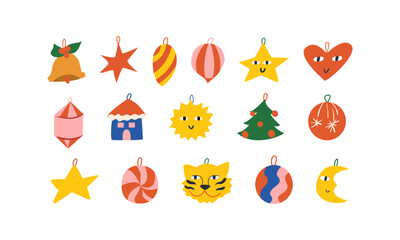 Set of various holiday elements and xmas decorations and ornaments. Vector flat geometric illustration in retro naive style. Abstract geometric christmas tree, balls, stars, moon and etc.