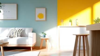 A contemporary living room featuring a white sofa, wooden furniture, and a mix of blue and yellow walls, bathed in natural sunlight, creating a cozy atmosphere.