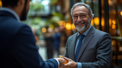 A senior manager congratulating an employee by handing them an award in a bright, professional setting