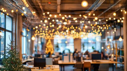 Fototapeta premium Modern open-plan office decorated for the holidays with twinkling lights and a festive atmosphere