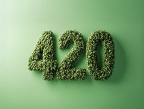 Bold 420 Typography Crafted from Lush Cannabis Buds on Minimalistic Gradient Green Background with Subtle Shadows