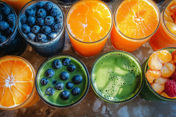 Colorful brunch table spread with fresh juices and fruits in vibrant glasses