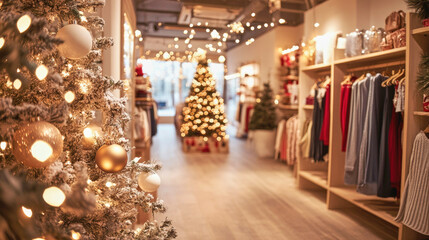 Fototapeta premium Cozy clothing store adorned with Christmas decorations and twinkling lights