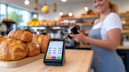 A bakery worker stands behind a counter displaying a digital payment system, highlighting the fusion of technology with traditional baking in a cozy, modern environment.
