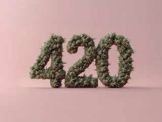 420 Typography Made from Cannabis Buds on Soft Pink Background Highlighting Modern Cannabis Culture Aesthetic