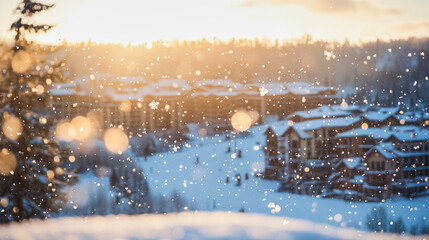 Fototapeta premium Close-up of softly glowing snowflakes in flight above a ski slope at a winter resort