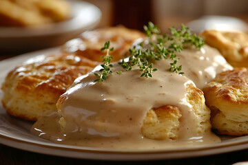 A plate of biscuits served with a rich and savory gravy sauce