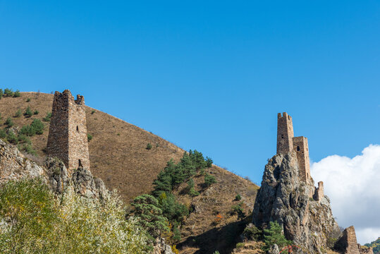 ancient complex of Ingush defense watchtowers Vovnushki. Republic of Ingushetia in Russia