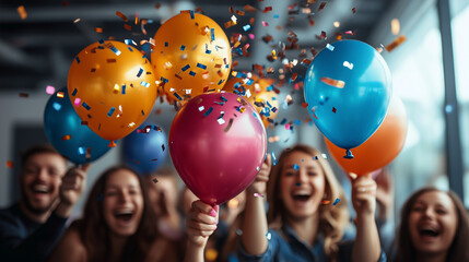 A vibrant office atmosphere with employees celebrating the completion of a successful campaign
