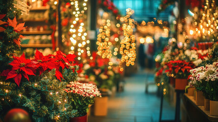 Dreamy atmosphere of a flower shop adorned for the Christmas season with festive decorations