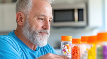 In a thoughtful pose, an elderly man gazes intently at a collection of colorful pill bottles in a kitchen setting, highlighting themes of health and aging.