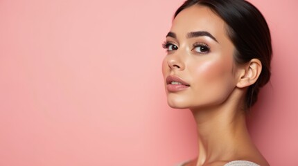Fototapeta premium A close-up portrait of a woman with a flawless complexion against a pink background, showcasing natural beauty and elegance. 