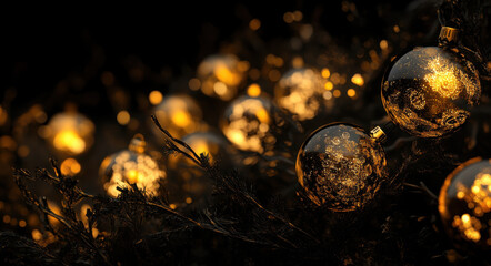 A dark background with golden Christmas decorations and lights, creating an atmosphere of joyous celebration