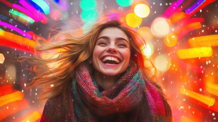 Joyful Winter Celebration with Colorful Bokeh Lights and Snowflakes