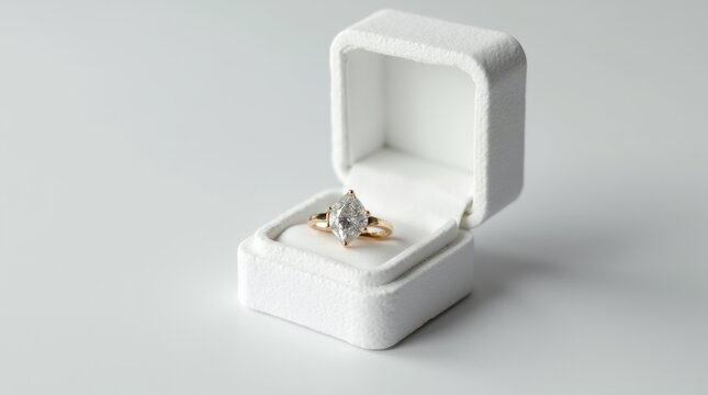 A white box with a diamond ring inside. The ring is in a diamond shape and is placed in the center of the box 