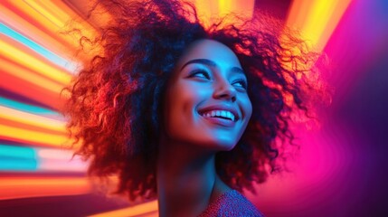 Fototapeta premium Vibrant Portrait of Smiling Woman with Colorful Neon Lights