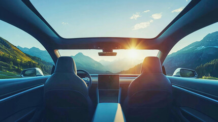 High-end car interior with panoramic sunroof and mountain views during sunset