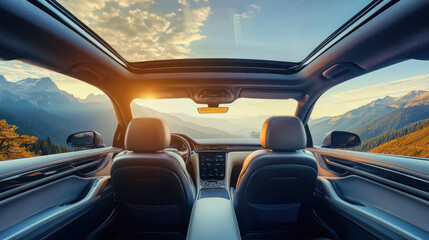 High-end car interior with panoramic sunroof overlooking stunning mountain vistas