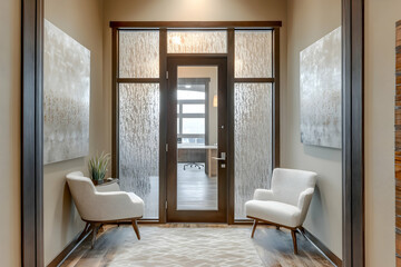 Frosted glass door leading to an upscale office with contemporary design elements. high quality image