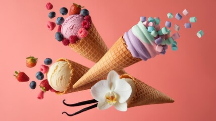 Close up of four ice cream cones with different flavors and toppings