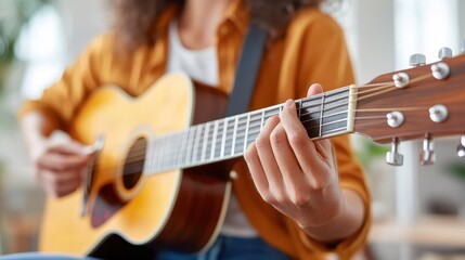 Obraz premium A woman in an orange shirt plays an acoustic guitar indoors, concentrating intently on the music. The scene is serene, intimate, and rich in warm tones.