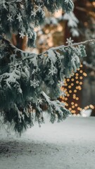 Fototapeta premium Tree covered in snow with a branch covered in snowflakes