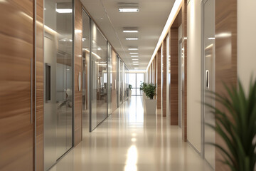 Fototapeta premium Long modern office corridor with sleek design and defocused background for presentation themes. high quality image