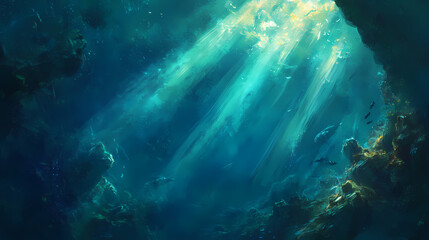 Obraz premium Ocean depths - light beams. Deep Ocean Abyss. Illustration