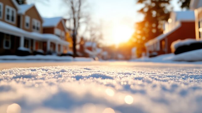 Warm sunlight glistens over a quiet, snow-blanketed suburban street, where cozy homes line the path, creating a peaceful and inviting neighborhood ambiance.