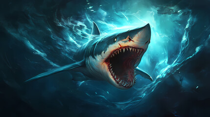 Obraz premium Fierce shark predator gaping mouth underwater in deep blue ocean. Deep Ocean Abyss. Illustration