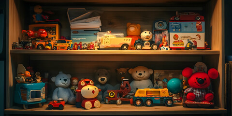 Obraz premium Nostalgic childhood toys arranged on a wooden shelf under soft lighting. high quality image
